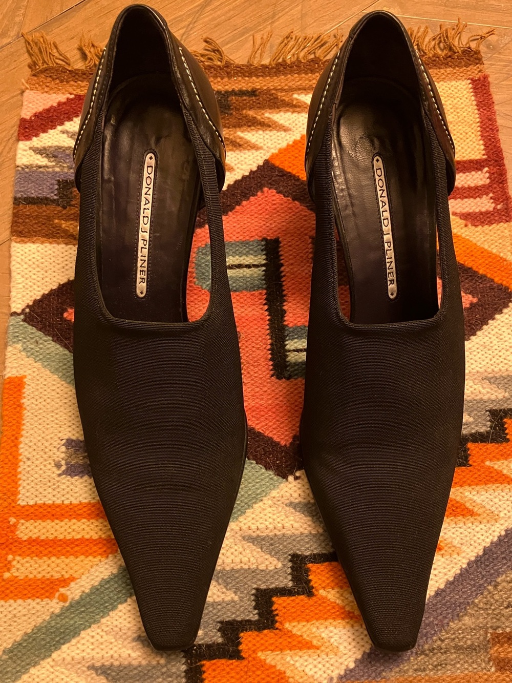 Donald J. Pliner Pointed Toe Kitten Heels with Cut out Sides and Leather Accents